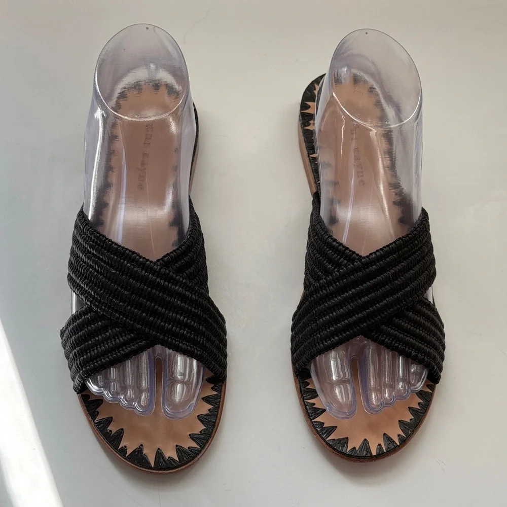 Jenni Kayne Woman’s Rafia Crossover & Leather Flat Sandals Black Size 38 New